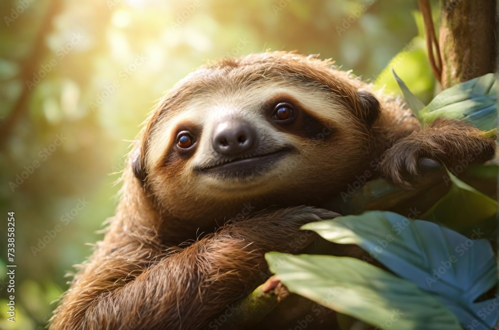 Naklejka premium Cute sloth in the rainforest on soft sunny background. AI generated