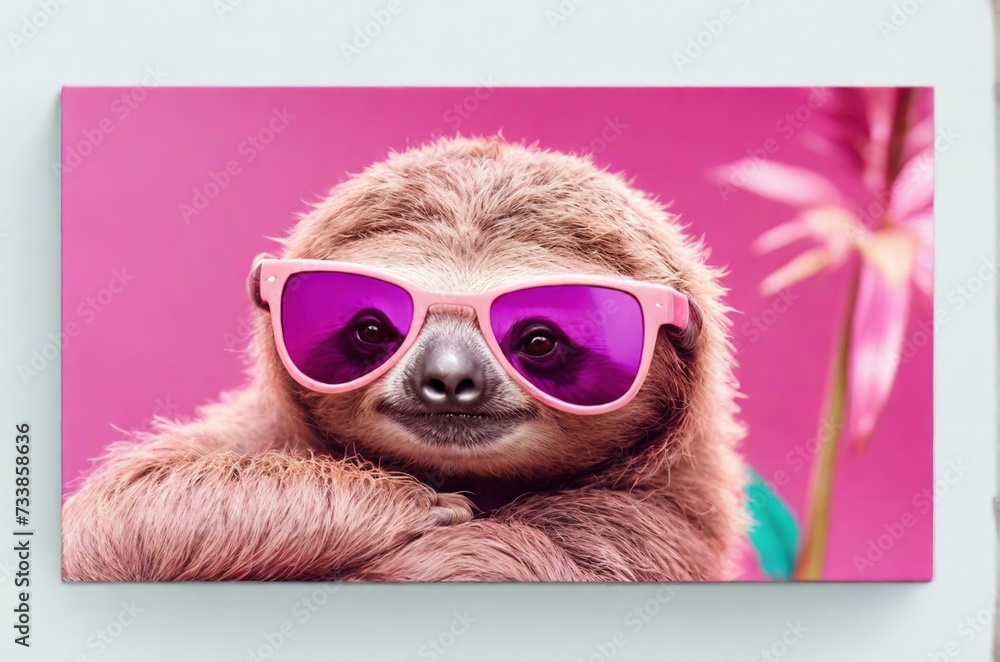 Obraz premium Cute sloth in sunglasses isolated on pink tropical background. Concept of summer, vacation, travel. AI generated