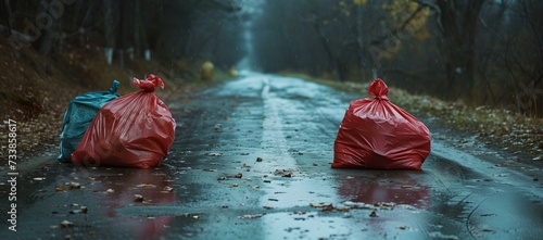 Abandoned red trash bags on a wet road in a moody forest setting. a dull day cleanup. environmental awareness and littering issues. outdoor waste scene with a message. AI
