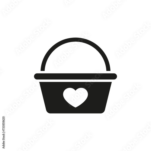 Basket icon with red heart symbol. Vector silhouette. 
