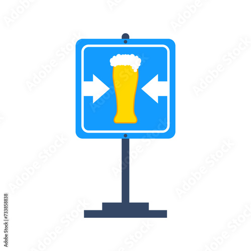 Glass of beer and road sign with arrows. Vector drawing.