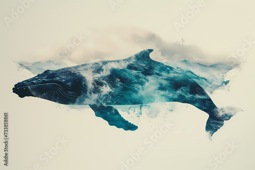 Ocean's Symphony Whale and Ocean Waves in Double Exposure Harmony