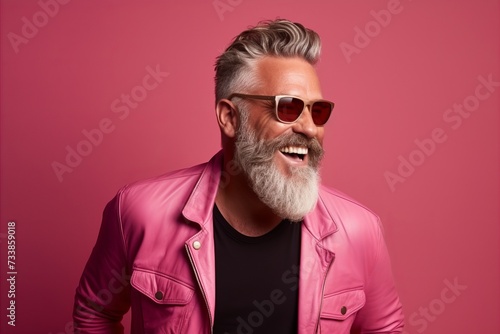 Portrait of a stylish mature man wearing pink jacket and sunglasses, posing over pink background.