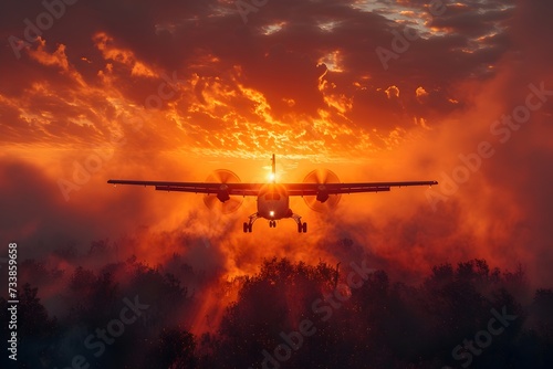 Hydroplane flying over a forest fire devastating and razing a forest. Environmental concept image