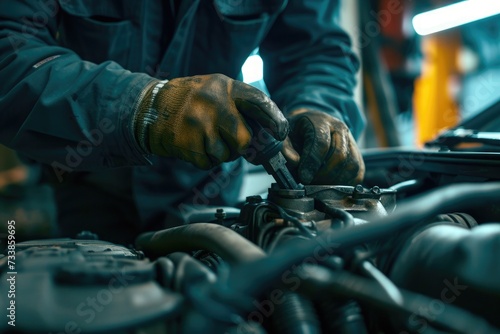Auto mechanic working on car broken engine in mechanics service or garage © ffunn
