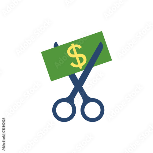 Scissors cutting a paper banknote with a dollar sign. Colored vector with money.