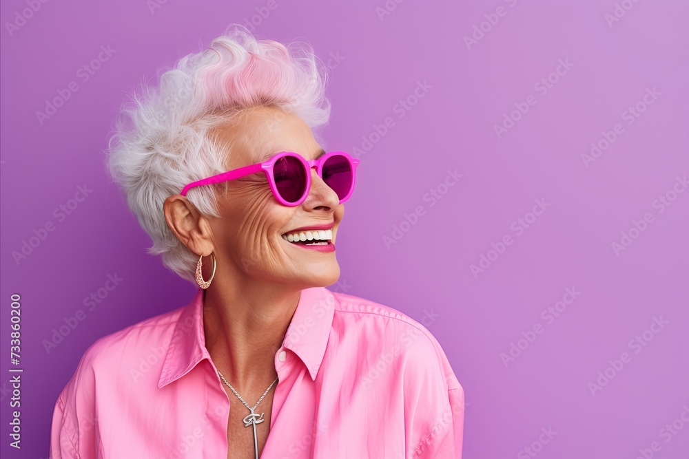 Cheerful senior woman with pink hair and sunglasses on purple background