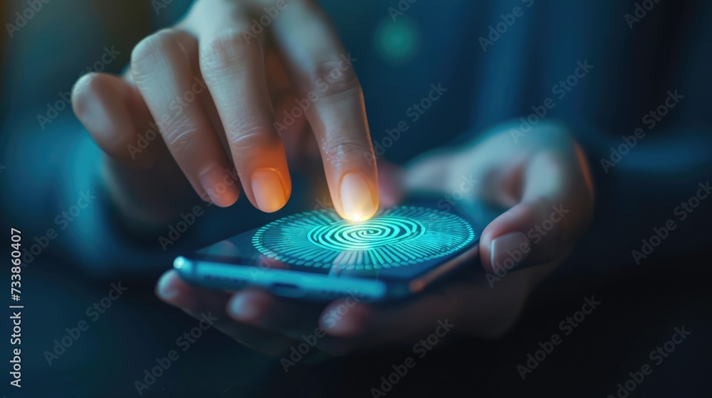 Person’s finger makes contact with a cell phone screen unlocking a smartphone with the touch of fingerprint. Biometric modern fingerprint technology - obrazy, fototapety, plakaty 