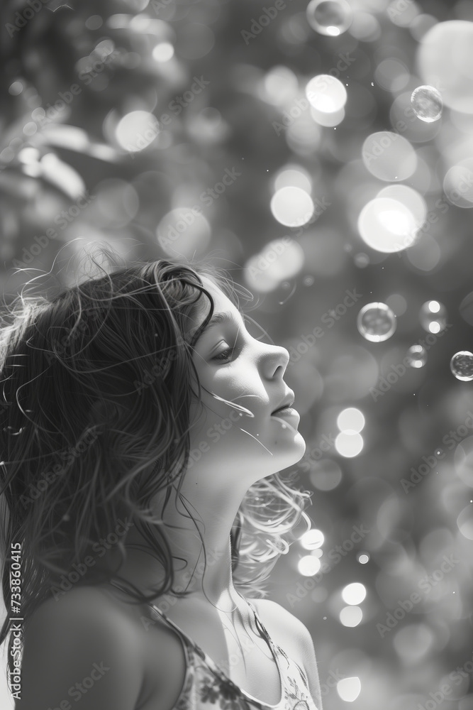 black and white portrait of a girl with soap bubbles