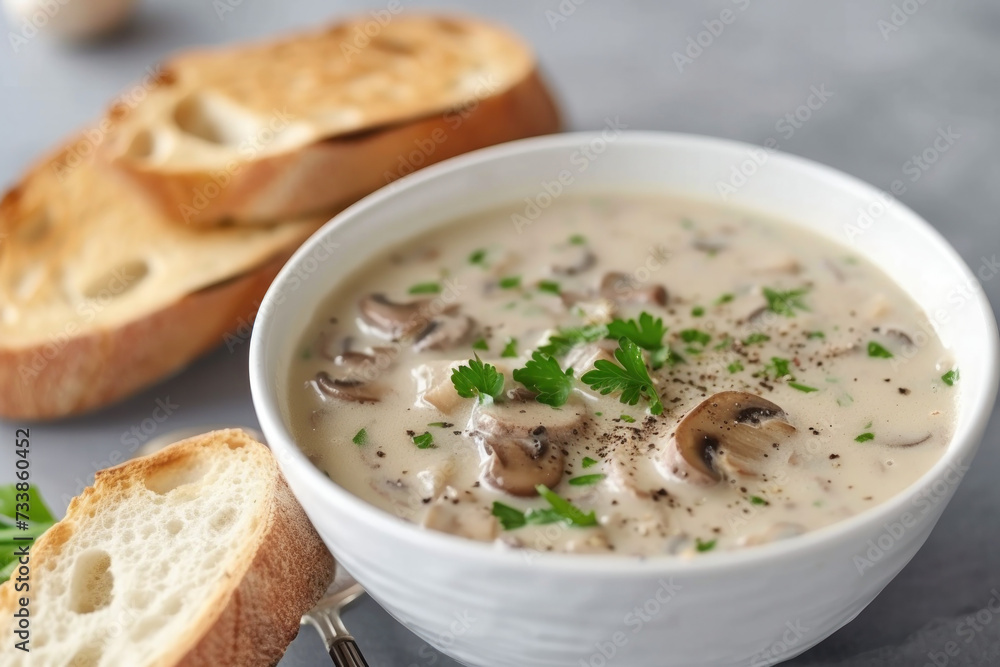 Bowl of Mushroom Soup With Slice of Bread