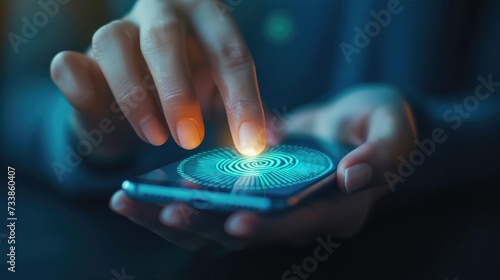 Person’s finger makes contact with a cell phone screen unlocking a smartphone with the touch of fingerprint. Biometric modern fingerprint technology photo