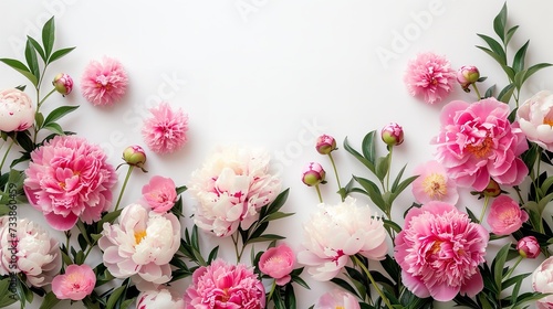 Top view of a backdrop frame made with peony flowers in white surface, Generative AI. © Noobs