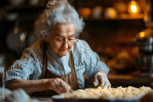Elderly woman making a baking recipe in her kitchen