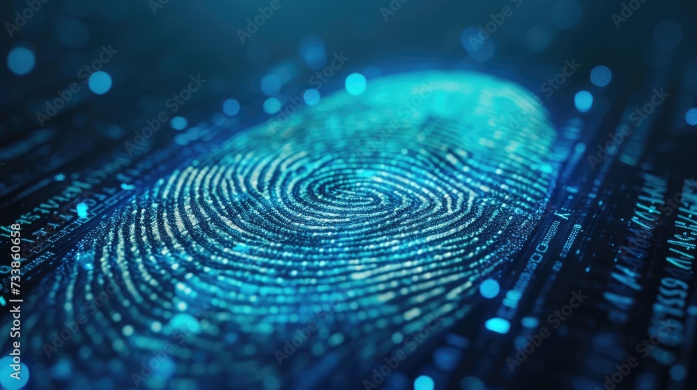 Fingerprint on a blue microchip. Cybersecurity concept, user privacy security and encryption. Future technology, data protection, secure internet access