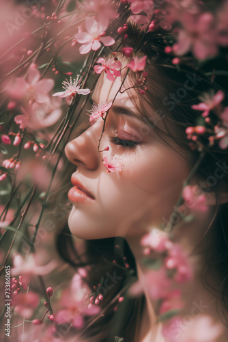 spring portrait of a girl with pink blossoms