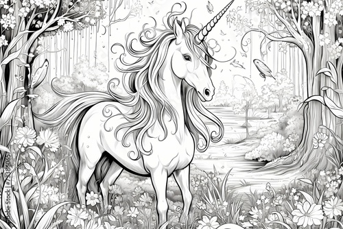 A mystical unicorn in a magical forest  line drawing  no background  no detail  no color.