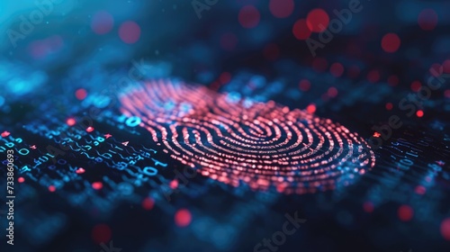 Fingerprint on a blue microchip. Cybersecurity concept, user privacy security and encryption. Future technology, data protection, secure internet access photo