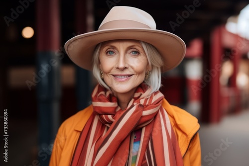 Portrait of smiling senior woman in hat and scarf in the city