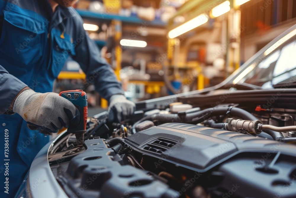 Auto mechanic working on car broken engine in mechanics service or garage Auto mechanic working on car broken engine in mechanics service or garage