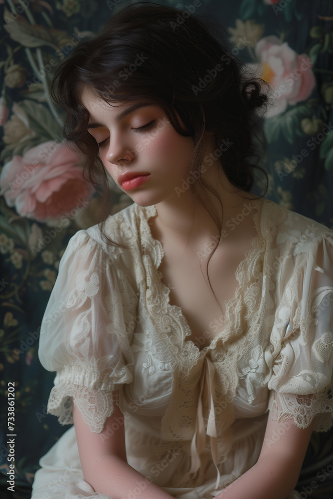 melancholic fashion portrait of a young woman in a vintage dress against a wall with floral wallpaper