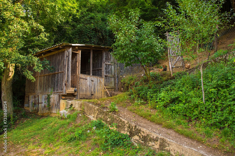 A small wooden farm building and a chicken enclosure in Martin Brod in the Una National Park. Una-Sana Canton, Federation of Bosnia and Herzegovina. Early September A small wooden farm building and a chicken enclosure in Martin Brod in the Una National Park. Una-Sana Canton, Federation of Bosnia and Herzegovina. Early September
