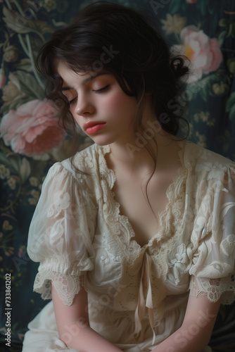 melancholic fashion portrait of a young woman in a vintage dress against a wall with floral wallpaper © ALL YOU NEED studio