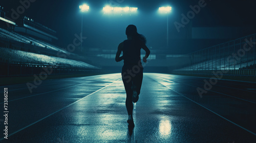 A determined woman braves the dark, rain-soaked streets, her silhouette standing out against the light of the city, clad in weatherproof clothing and sturdy footwear photo