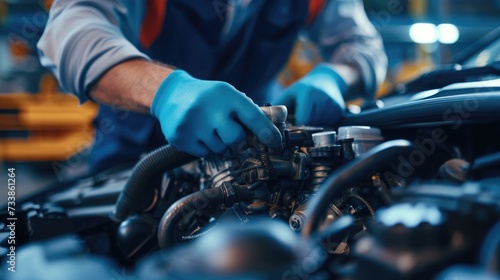 Auto mechanic working on car broken engine in mechanics service or garage