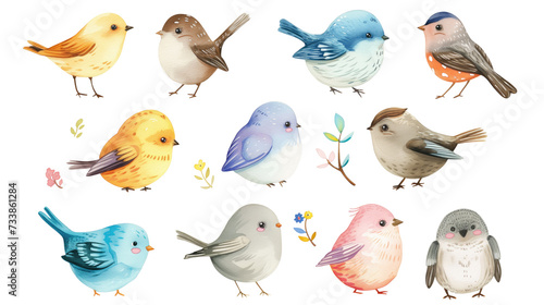 Set of cute watercolor cartoon birds on a transparent background. Clipart PNG.