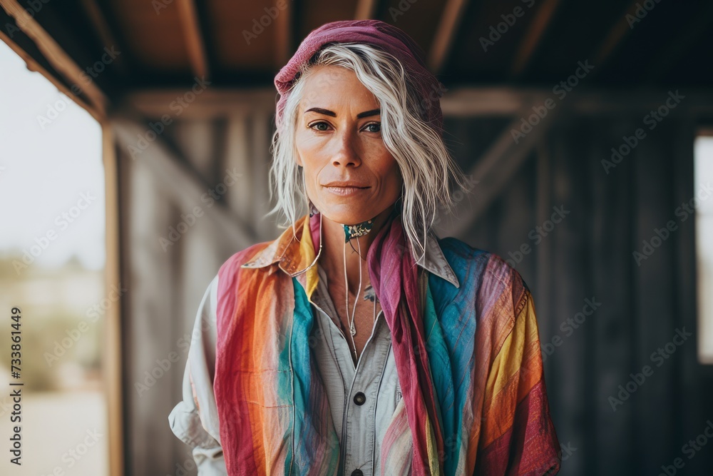 Portrait of a beautiful hippie woman with long blond hair and colorful scarf Portrait of a beautiful hippie woman with long blond hair and colorful scarf