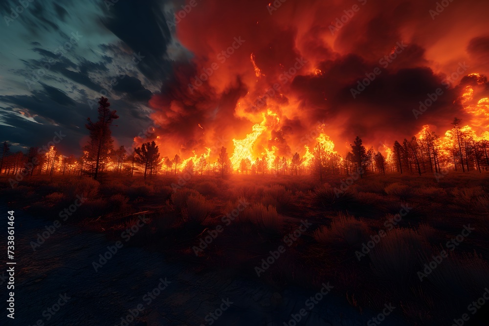 Forest fire devastating and razing a forest. Environmental concept image