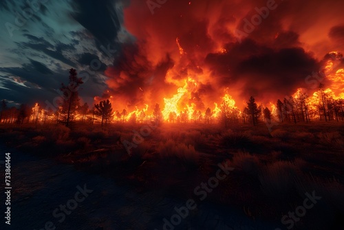 Forest fire devastating and razing a forest. Environmental concept image photo