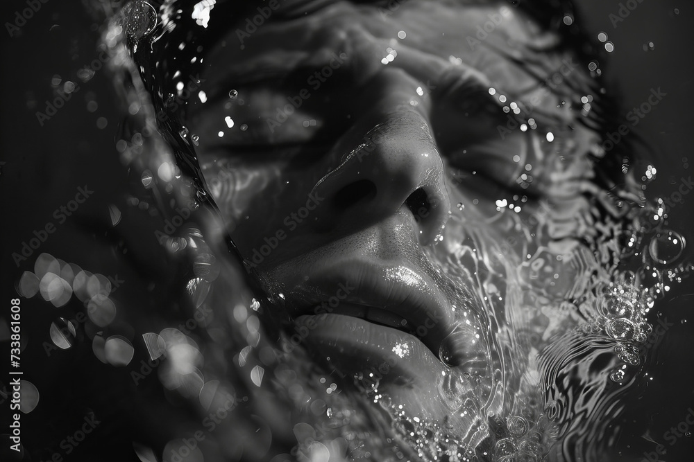 
black white photo portrait of a man plunging his face under water. or emerging from the water.