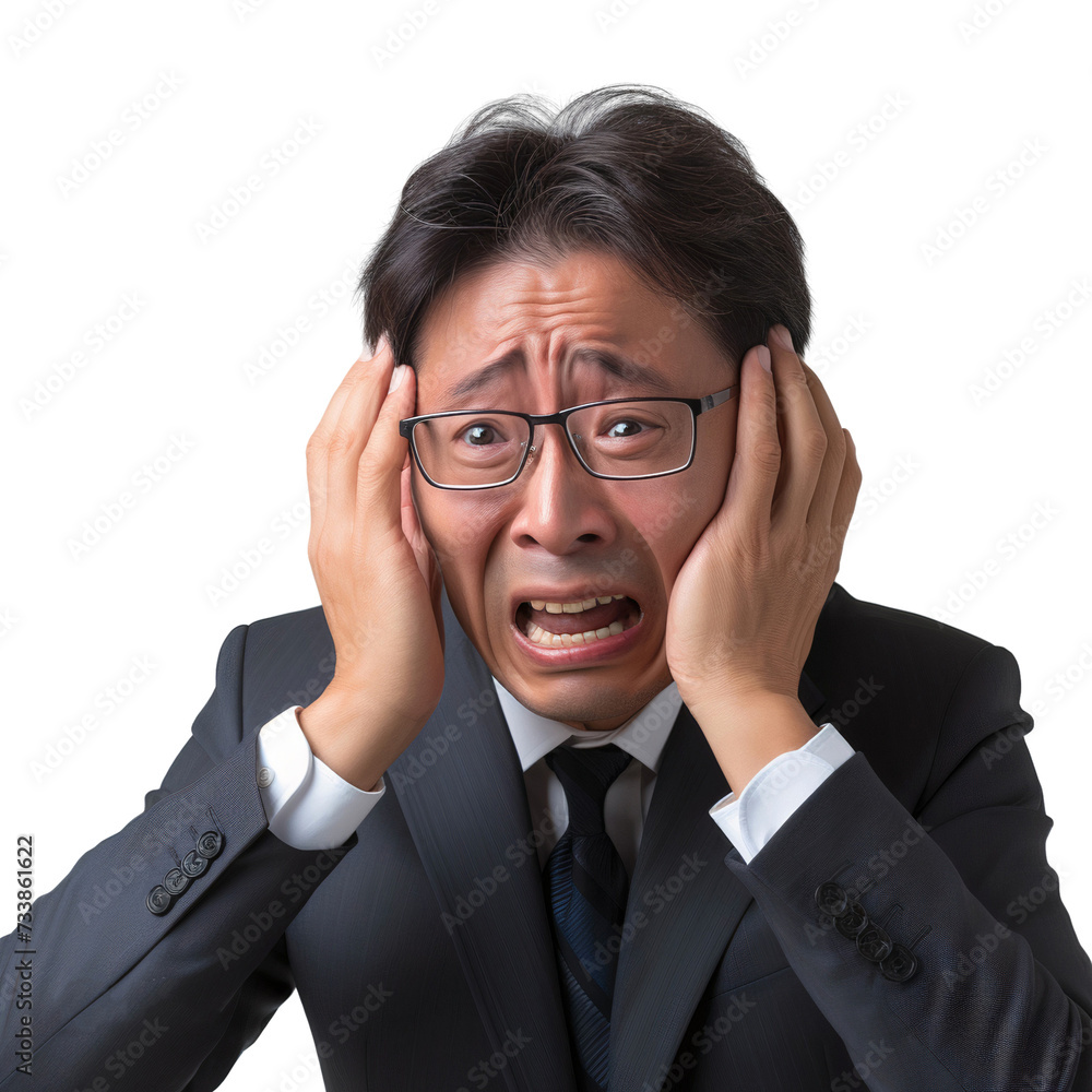 Frustrated businessman with hands on head, looking stressed and tired, isolated on transparent background Frustrated businessman with hands on head, looking stressed and tired, isolated on transparent background