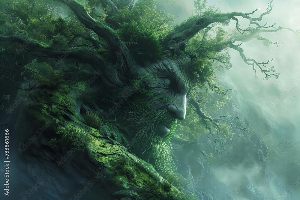 a bearded old man made of wood and foliage. fantasy illustrations - spirit of the forest, druid, goblin a bearded old man made of wood and foliage. fantasy illustrations - spirit of the forest, druid, goblin