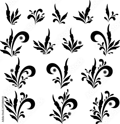 Set Floral Patterns, Black Contours Isolated on White Background. Vector © alexcoolok