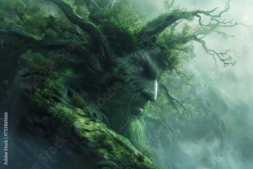 a bearded old man made of wood and foliage. fantasy illustrations - spirit of the forest, druid, goblin