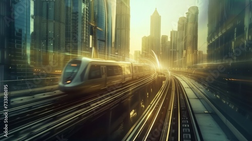 A train driving through an urban scene with cities.