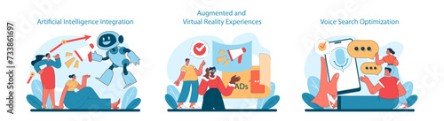AI, VR, and Voice Search set. Embracing tech for smarter interfaces, immersive marketing, and optimized user queries. Flat vector illustration.
