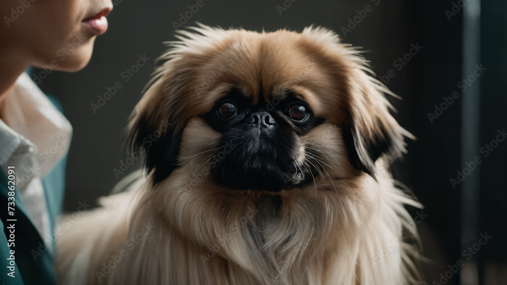 pekingese dog sitting on a womans lap looking at the camera,