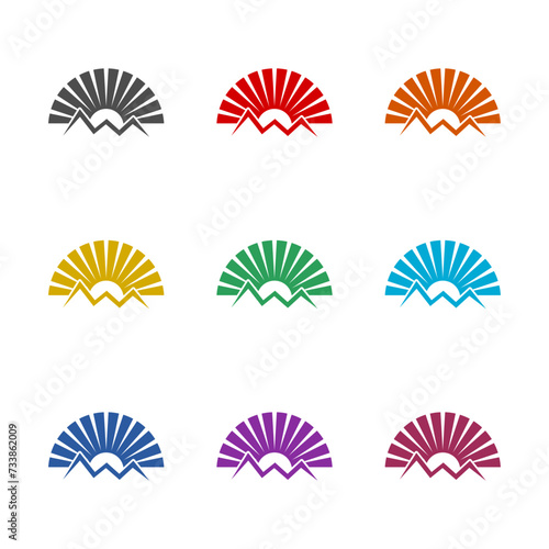 Mountain sun logo icon isolated on white background. Set icons colorful