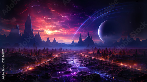 Abstract neon landscape, in which color lines create the impression of galactic tr