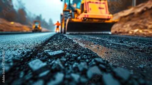 Using road construction resources, a worker is installing new asphalt road surface with space, Generative AI.