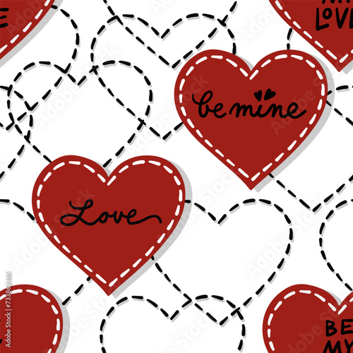 hand drawn calligraphic love quotes with messy stitched heart shapes romantic lovely vector seamless pattern isolated on white background