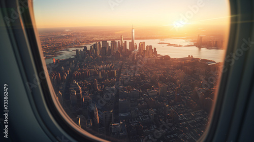 飛行機の窓から見える都市　夕焼け © ZUNTA
