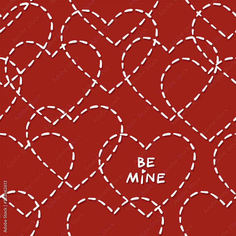 hand drawn messy stitched heart shapes with hand written typographic love quote romantic lovely monochrome vector seamless pattern isolated on red background