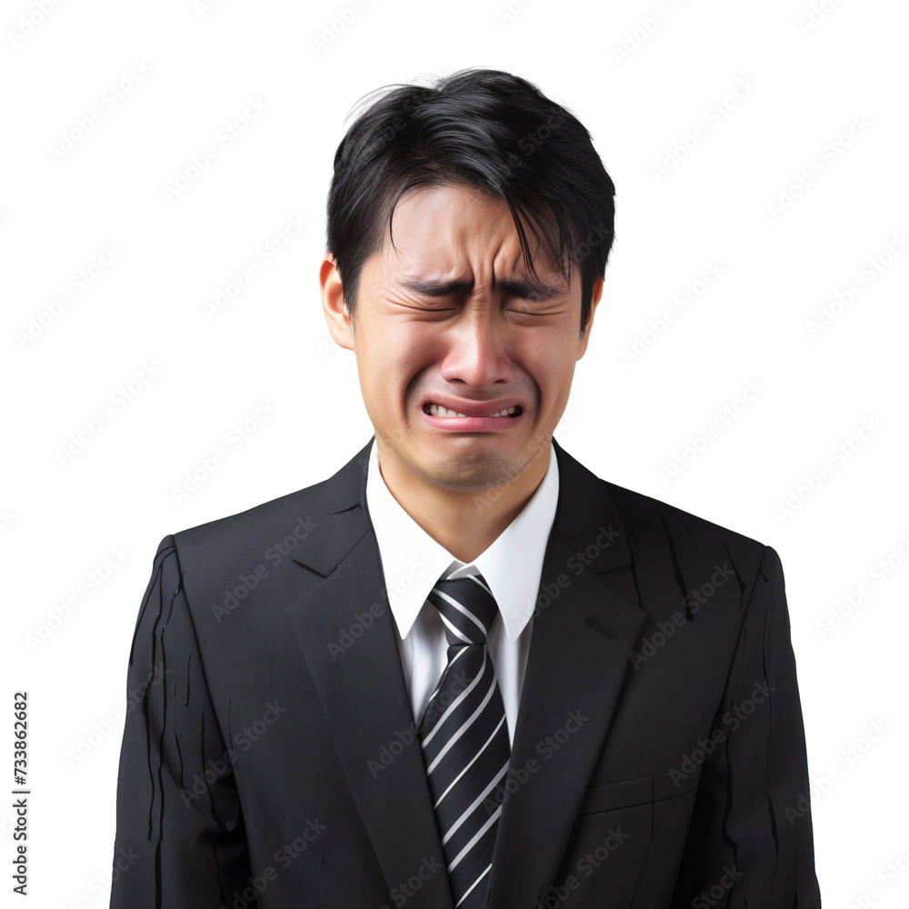 Japanese businessman looking distressed and crying, transparent, isolated on white background Japanese businessman looking distressed and crying, transparent, isolated on white background