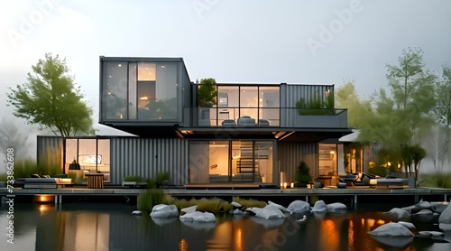 Luxurious two-story container house with wall sized windows next to an artifial lake with rocks in it