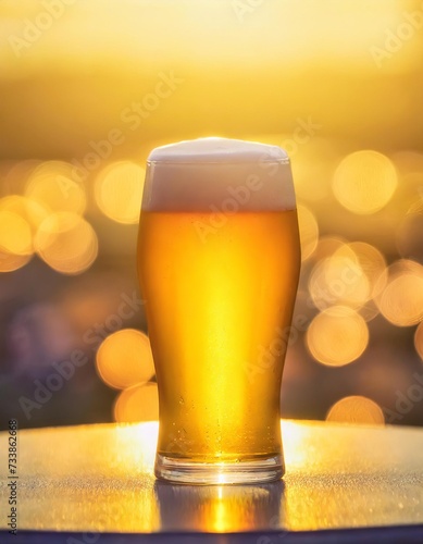A pint glass full of beer standing on a table and yellow lights with bokeh in the background, warm tones