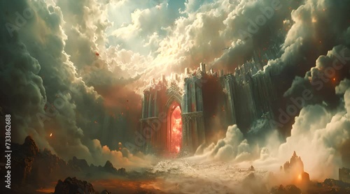 View of the gates of heaven among the clouds as the fire of hell tries to break in photo
